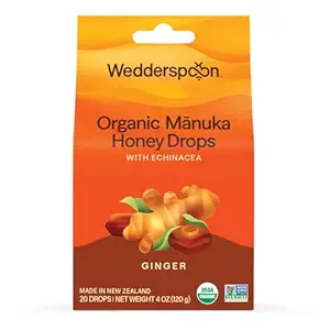 Wedderspoon 有机玛努卡蜂蜜滴, 姜汁和艾奇纳西亚, 20 Counter (Pack of 1) 新西兰真蜂蜜 干喉的完美补救措施