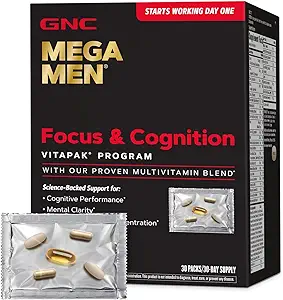 GNC Mega Men 聚焦与认知维塔帕克方案,方便,完整营养,1包中3种产品,明亮,聚焦,能量,集中,第一日工作,100mg咖啡因,30日包装