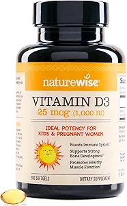 NatureWise Vitamin D3 1000iu(25 mcg),200天用于免疫支持、健康肌肉功能和骨质健康 -- -- 非GMO,有机增生橄榄油中的Gluten免费(Mini Softgel),200 Counter