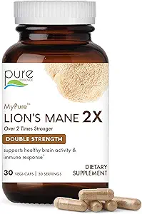 PURE ESSENCE LABS MyPure Lion's Mane 2X - 双强大脑支持补充 100%有机果实体 Lion's Mane 用于认知健康,焦点,记忆和精神清晰,60 Capsules