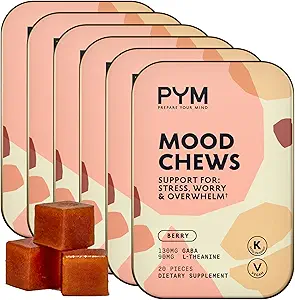 PYM Berry Mood Chews 支持压力,忧患与过度,120 Counter QQ 130mg GABA,90mg L-Theanine QQ Vegan,Non-GMO,Gluten-Free,没有添加的糖 QQ全自然的Mood平衡补充在美国制造.
