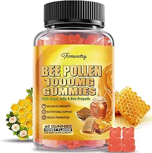 Bee Pollen 1000MG Gummys with 500MG Royal Jelly & Bee Propolis, Sweet Free Bee Pollen Supplic in Vitamin C & E, Vegetarian, Non-GMO, Gluten Free, 支持豁免和皮肤健康