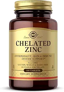 Solgar Chelated Zinc, 100片 - 健康皮肤的锌 - 支持细胞生长和DNA形成 - 释放抗氧化剂活动 - 支持健康免疫系统 - 非转基因生物, Gluten Free - 100 services