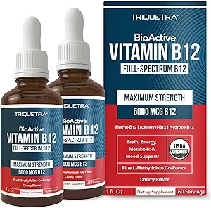 有机维生素B12 - 5,000 mcg, 3种生物活性形式B12:甲基B12, Adenosyl B12 & Hydroxy B12 - + L- Methylfolate Cofactor ++ 亚语形式,樱桃 Flavor, Vegan, 非GMO (120 services - 2 pack)