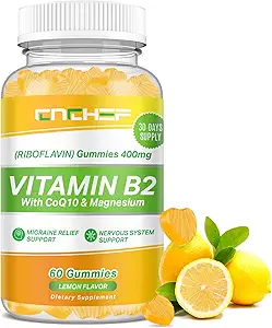 维生素B2 Gummys, Riboflavin 400mg 配有成人和儿童的甘化镁和CoQ10补充剂,支持米格赖因救济和神经系统,布斯特能源,无糖Vegan B2 Gummys Lemon Flavor