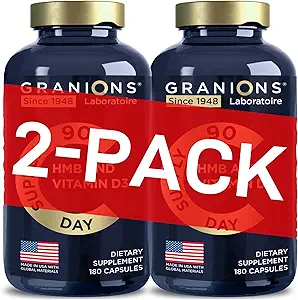 Granions HMB和维生素D3补充剂 - 肌肉恢复,Beta Hydroxy Butyrate Pre Workout Muscle Builder, Mass Gainer - 1000 MG with D3 and Calcium - 360 HMB Capsules, 6-Month Supplement