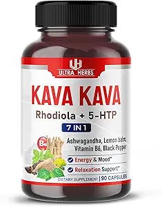 Kava Kava Capsules 补编 - 配有 Ashwagandha, 5-HTP, Rhodiola, Lemon Balm, 支持Mood, calm & Relaxation 90 Capsules的公式