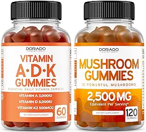 ADK 维生素 D3 K2(60 Gummys) D&K - 10 Vegan 补充 Raspberry Flavor 和 Mushroom 10 in 1 Blend (120 Gummys) 聚焦与脑蘑菇 成人补充 - Vegan Safe & Made in USA