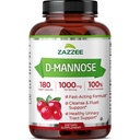 Zazzzee D-Mannose,每服1000毫克,180Vegan Capsules,3个月供应、供应和快速行动,认证Kosher,100%纯度,全自然尿道切除健康支持,100%蔬菜,非GMO