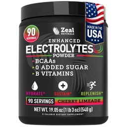 Zeal Naturals 电解石粉回收饮料(90 services QQ樱桃Limeade) w 0 糖 + BCAAs + B-维生素 电解液补充 w 钾 锌与镁 水解 - Keto 电解液