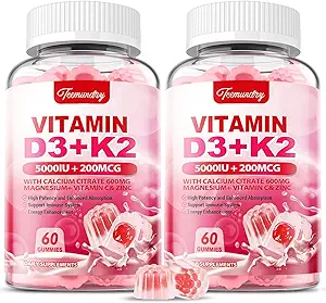 成人维生素D3 K2补充剂 - 维生素D3 5000 IU + K2 200 mcg - Vit D3 K2 Gummys 配有钙 600mg 镁锌和维生素C 供男性使用 - 支持 B0ne,肌肉Immune - 120 计数