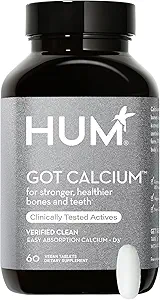 HUM 男女钙补充剂,Vegan Bone 健康与牙齿健康支持补充剂,630mg 含维生素D3的钙,Citrate, 方便增强吸收,60 Vegan 片
