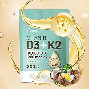 维生素D3 K2 1000 IU配有MK7-300 Virgin Coconut Oil Softgel, 2 in 1 Vitamines D & K Complex → Vitamina D3 con K2 → 支持钙吸附,骨骼,Immune, & Heart Health – 容易吞咽