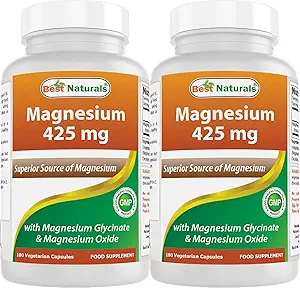 最佳天然镁 425 mg 180 Veggie Capsules - 高吸收性镁 Glycnate & Magnesium Oxide Chelated, Non-GMO, Gluten Free Muscle Relax (180 count (pack of 2)) 高吸收性镁和氧化镁 化学剂 化学剂 化学剂 化学剂 化学剂