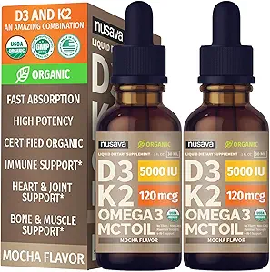 (2包)有机维生素D3 K2 与MCT Oil Omega 3,5000 IU,最大强度维生素D液体,无填充剂,用于更快吸收和免疫支持的非GMO液体D3(Mocha,2 Fl Oz)