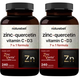 NatureBell Zinc Quercetin配有维生素C & D3,480 Capsules (2 Pack) QQ Quercetin 1000mg + Zinc 50mg + Vitamin C 250mg + Vitamin D3 5000 IU → 4-in-1 高级 Immune 和 Lung 支持 + ZincVanta 公式
