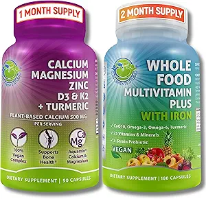 Vegan全食品 配有铁+厂基钙,镁,锌, D3, K2 & 有机涡面 – 完整的每日补充 男女配料 – 能源,豁免和骨支持