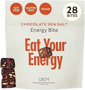 GEM 能量咖啡壶 Bite,40mg Cafeine, Ginseng Root, L-Theanine, 综合可持续能源, 支持代谢, Stamina 和耐力 | 巧克力卡考海盐 | 28 服务
