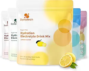 Dynatech 零糖 电解质 饮料 混合剂 - 柠檬 - 水解 粉末包 配有10个电解质和维生素 → Non-GMO, Gluten Free, Vegan Electrolytes Powder Packets → 16 服务