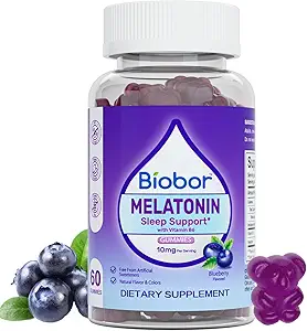 Natural Melatonin Gummy 10mg, 睡眠支持补充 Gummys Vegan 饮食 成人维生素 B6(蓝莓, 60 个计数)