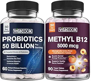 维生素B12和Probiotics 50亿桶,用于能源生产的甲基Cobalamin 5000mcg,有有机预生,消化和免疫支持,B12片90cm和Probiotics Capsules 60cmt