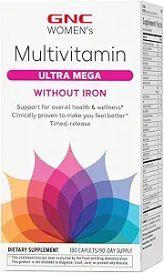 GNC 女子多维塔明Ultra Mega Without Iron, Daily Vitamin 补充, 支持 Immune, 大脑, 头发, 皮肤和钉子, 180 卡普莱特