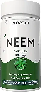Neem Leaf Capsules 1000mg → Azadirachta Indica Natural Neem Leaf Powder → Non-GMO, Gluten-free → Easy-to-Swallow Herbal 补充 → 传统植物学(180个计数(Pack of 1))