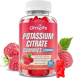 高钾补充Gummys 1200mg 支持腿板和肌肉健康 成人和孩子的Potasium Gummys, Vegan, Raspberry Flavor 60 Count
