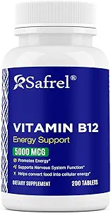 Safrel Vitamin B12 5000 mcg 每块平板电脑,200天供应,能源、代谢和神经系统健康支持补充,Vegan,Gluten Free and Dye Free QQ)在美国制造