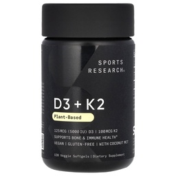 体育研究 配有K2软胶的维生素D3 - 工厂基于K2 & Vegan D3 5000iu配有椰子MCT Oil - Vegan认证,Soy & Gluten Free - 120 Counter