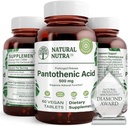 天然核时间释放Pantothenic酸500毫克,维生素B5补充剂帮助破解脂肪和碳水化合物,代谢和能量,改善肌肉健康,60个蔬菜片(3包)