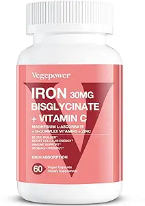 铁比斯利茨, 30mg Vegan 铁辅以女性和男性, Chelated with Vitamin C, B12, Folic Acid - 抗贫血的铁药丸, 高吸附剂, Gluten - 无GMO - 60 Capsules