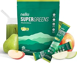 Nello Supergreens Premium Superfood Greens Drink Mix w/Chlorella, Moringa, 菠菜和椰菜 + 消化酶和Probiotic Blend - Nutrient-包头粉井(芒果桃,20 SRV,旅行包装)