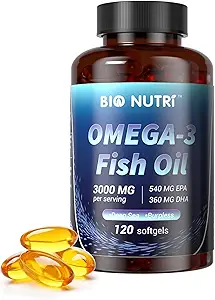 BIO NUTRI 鱼油 Omega 3 配有 EPA DHA 的3000mg 鱼油 - Omega 3 脂肪酸支持 - 120 软胶