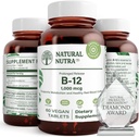 天然营养素 B12 1000 mcg, Cobalamin B 12 补充品, 磷酸钙, 代谢健康帮助, 支持神经系统, 最佳吸收, Gluten 免糖, 60 Vegan 片