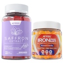1Pack Saffron Supplement Gummys 100% Pure Saffron 提取全草药 Gummys + 2P Vegan 铁药 Gummys 配有维生素C, B12, Folate & Turmeric 的补品