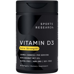 运动研究 维生素 D35000 IU 配有椰子MCT Oil - 高概率维生素 D 辅以Immune & Bone 支持 - 非GMO 验证,Gluten & Soy Free – 125mcg, 30 液态软胶
