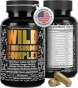 野生食品 Premium Mushroom Supplement Complex QQ Mushroom 摘录 13 有机蘑菇:狮子 Mane, Turkish Tail, Reishi & More 适应性强的蘑菇,用于能源,脑和免疫健康(Pack of 2) .