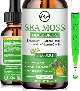 Sea Moss液滴 - 爱尔兰海 Moss 2000mg 配有 长老莓 Burdock Root, Bromelain, 维生素 C和锌 - 98 基本矿物 Seamos 补充 Imune, 联合, 文摘, 老龄化支持 - 2oz