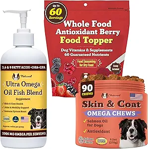 天然狗皮公司(Skin & Coat Health Bundle)与Omega-3,DHA,以及用于狗的抗氧化剂,支持健康皮,光亮皮,以及干皮救济和增强狗皮光亮的整体健康理想.