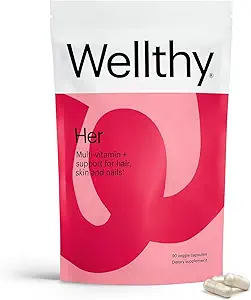 Wellthy Her Women's Daily Vegan Multivitamin for Women, Natural Infements for Health, Skins, and Nails with Business micronutrients (30天) 《妇女日报》,《健康头发、皮肤和钉子的天然成份》