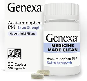Genexa Clean Acetaminophen PM 500mg Extra Strige, Dye Free Pain Reliver, 夜间睡眠援助, Fever Dreaker, 0% 人工添加剂, 释放头痛, 背痛, 小关节炎疼痛, 50 片