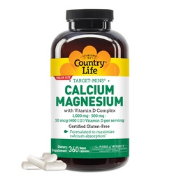 乡村生活目标-米斯钙镁与维生素D-Complex,1000mg/500mg/10mcg,360 Vegan Capsules,认证Gluten Free,认证Vegan,认证非GMO验证.