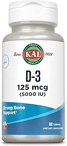 KAL 维生素 D35,000 IU 125 mcg,高发性维生素D片,钙吸收,骨质健康和免疫辅助补充,快速消散 D-3 ActivTabs,60天保障,60 Servi,60片