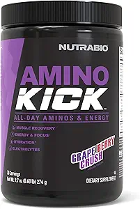 NutraBio Amino Kick – 含天然咖啡因的BCAA粉末 – 氨酸对能源,水分和回收的补充 – BCAAs,电解剂和氨基酸 – 葡萄莓粉末,30种服务