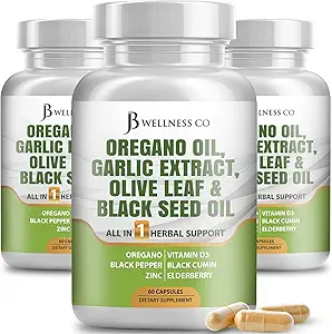 JB 健康 Oregano Oil, Garlic 提取器, 橄榄叶, 配有 Astragalus - Immune 支持 和 男女消化健康补编 - 180 计数
