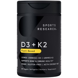 体育研究 Vegan Vitamin D3 + K2 有机椰油补充剂 - 5000iu Vitamin D 配100mcg Mk7 Vitamin K - 支持钙 强骨和免疫健康 - 成人30软胶