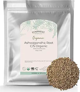 西星植物学 有机 Ashwagandha Root for Women & Men - Dried Herb for Tea, Capsules, & Natural Herbal blends, Cut & Sifted, 认证 Kosher, Non-GMO - Bulk 1 lb Bag (英语).