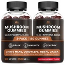 有效的NUTRA蘑菇Gummys 2500mg → 10 Blend w/Lions Mane, Reishi, Chaga, Cordyceps & More → 聚焦,记忆,豁免, 能量 + 天然贝里火焰补充 → Vegan, 在美国制造 (2-Pack)