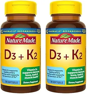 天然制维生素D3 K2 补充剂,5,000 IU(125 mcg) 骨、齿、肌肉和免疫支持维生素D,30 D3和K2 软胶,30天供应